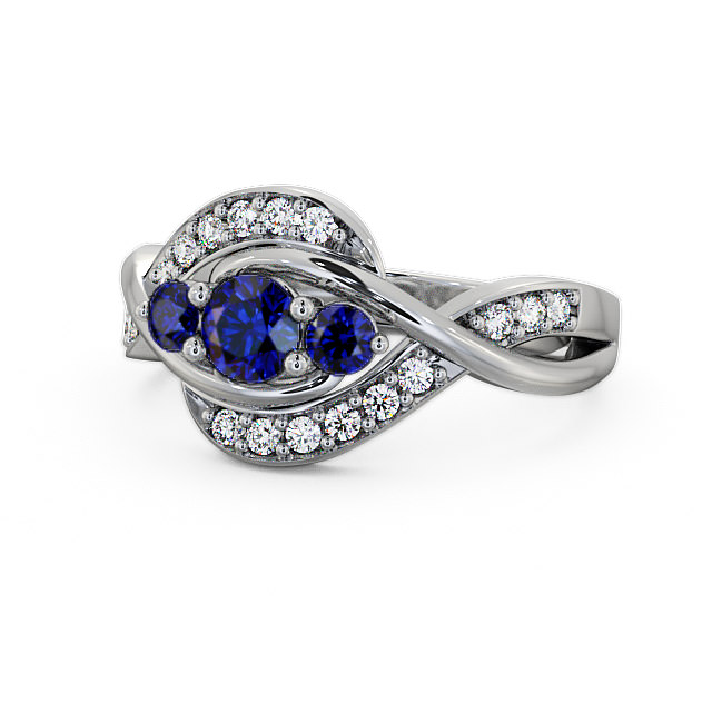 Three Stone Blue Sapphire and Diamond 0.70ct Ring 9K White Gold - Belsay TH23GEM_WG_BS_FLAT