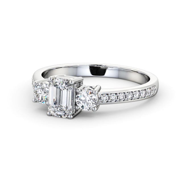 Three Stone Emerald Diamond Ring 18K White Gold - Craven TH62_WG_FLAT