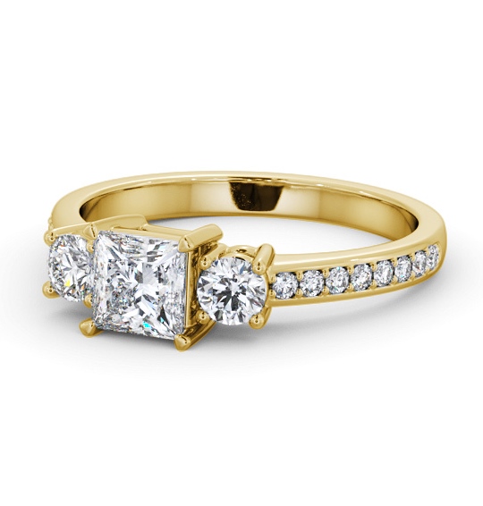 Three Stone Princess and Round Diamond Ring 18K Yellow Gold with Side Stones TH64_YG_THUMB2 