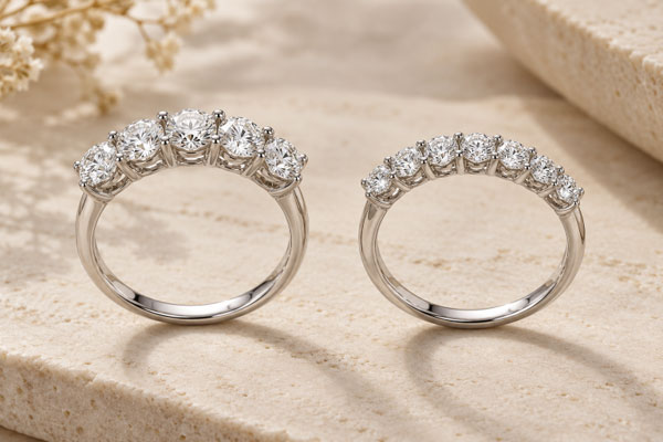Five-stone (left) and seven-stone (right) diamond rings.